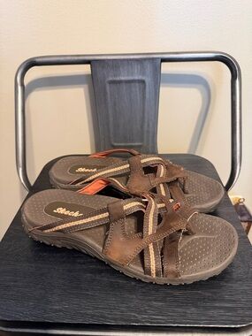 Skechers Reggae Soundstage Slide Sandals Womens 6 Brown Leather Strappy Comfort